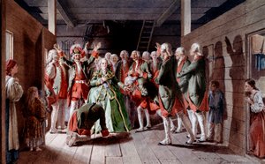 Die russische Kaiserin Elisabeth I. Petrovna (1709-1762) am Tag ihres Festes und ihrer zukünftigen Thronbesteigung, Soldaten schwören ihr Treue. von Baron Mikhail Petrovich Klodt von Jurgensburg