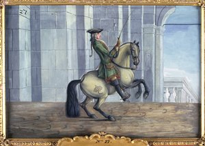 Nr. 27 Ein Schimmel der Spanischen Hofreitschule führt eine Dressurbewegung namens Levade aus von Baron Reis Eisenberg