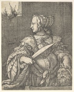 Judith, halbfigur und im Profil nach links, ein Schwert in ihrer rechten Hand und der Kopf von Holo...