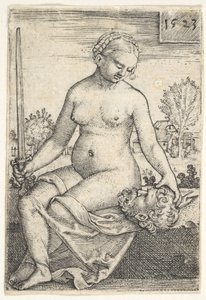 Judith, sitzende Nackte mit einem Schwert in der rechten Hand, blickt auf den Kopf von Holofernes, 1523