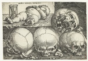Schlafendes Kind mit Sanduhr und vier Schädeln