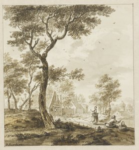 Landschaft mit Figuren und einem Angler rechts