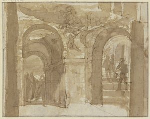 Antikes Gewölbe mit Treppe und mehreren Figuren, oben schwebt Maria mit Engeln von Bartholomeus Breenbergh