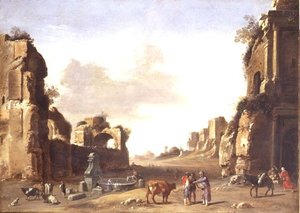 Klassische Ruinen mit Bauern, die ihre Tiere tränken