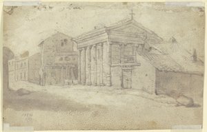 Straßenzug mit antikem Tempel ionischer Ordnung, nunmehr eine christliche Kirche mit zugesetzter Säulenstellung von Bartholomeus Breenbergh