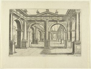 Gebäude mit doppeltem Bogen in der Mitte im dorischen Stil von Bartholomeus Willemsz. Dolendo