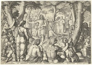 Johannes der Täufer predigt vor einer Gruppe Menschen von Bartholomeus Willemsz. Dolendo