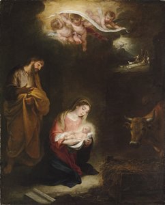 Die Geburt Christi mit der Verkündigung an die Hirten im Hintergrund von Bartolomé Esteban Murillo