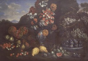 Blumen in einem Majolika-Krug mit Früchten in einer Landschaft von Bartolomeo Bimbi