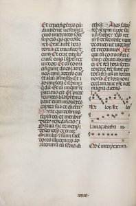 Missale: Fol. 128v: enthält Musik für Hely Hely Lama etc. innerhalb der St. Mattion Passion, 1469 von Bartolomeo Caporali