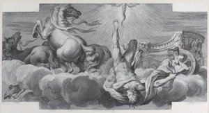 Tafel 34: Auriga, der Wagenlenker, fällt in der Mitte vom Wagen, mit drei Pferden..., 1756. Schöpfer: Bartolomeo Crivellari, Gabriel Söderling von Bartolomeo Crivellari, Gabriel Söderling