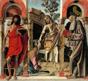 Auferstandener Christus mit Maria Magdalena und den Heiligen Johannes der Täufer und Hieronymus, ca. 1492 von Bartolomeo Montagna