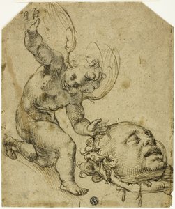 Zwei Skizzen: Kniender Putto, der einen Kopf hält (recto) Details eines nackten männlichen Kindes (verso) von Bartolomeo Passarotti