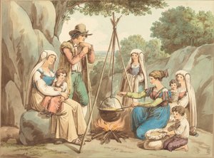 Eine Bauernfamilie kocht über einem Lagerfeuer