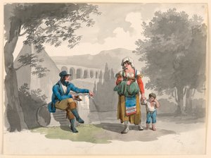 Frau hält einen Jungen an der Hand und geht an einem sitzenden Herrn unter Ruinen in der Campagna vorbei