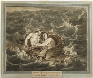 Mentor und Telemach, nach dem Sturm, werden auf einem Mast zur Insel Kalypso gebracht, aus Die Abenteuer des Telemach, Buch 6 von Bartolomeo Pinelli