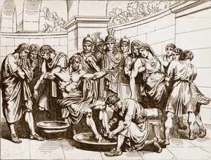 Der römische Philosoph Seneca (Lucius Annaeus Seneca, 4 v. Chr.-65 n. Chr.), beschuldigt, an einer Verschwörung gegen Kaiser Nero teilgenommen zu haben, wurde zum Selbstmord verurteilt - Gravur von Bartolomeo Pinelli - Tod des Seneca, Gravur von Bartolomeo