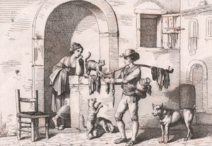 Der Carnacciaro, Straßenverkäufer von Katzenfleisch, Radierung von Bartolomeo Pinelli (Rom)