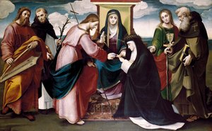 Die mystische Hochzeit der Heiligen Katharina von Siena mit Christus und den Heiligen Johannes der Täufer, Antonius Abt, Dominikus, König David und die Jungfrau Maria, ca. 1517 von Bartolomeo called Bagnacavallo Ramenghi