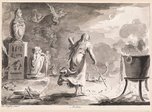 Medea. Eine Frau von hinten, zwischen Reptilien, Halbwesen, einem Hexenkessel und ägyptischen Götterstatuen, schreibt nachts Zauberrunen in einem Kreis auf den Boden.