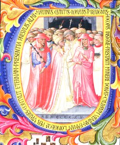 Ms 557 f.61v Historisierte Initiale U, die Papst Martin V. darstellt, wie er die Kirche Sant. Egidio weiht, aus einem Antiphonar von San Marco e Cenacoli (Detail)