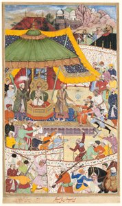 Der junge Kaiser Akbar verhaftet den unverschämten Shah Abu’l-Maali, Seite aus einem Manuskript des Akbarnama