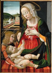 Madonna stillt das Jesuskind, umgeben von Engeln