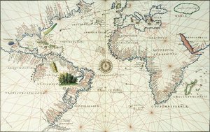 Eine doppelseitige Karte des Atlantischen Ozeans, die die Ostküste von Nord- und Südamerika zeigt, 1544