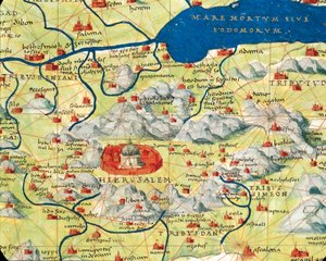 Heiliges Land, Israel und Palästina: Jerusalem und das Tote Meer, aus dem Atlas der Welt in dreiunddreißig Karten, von Battista Agnese