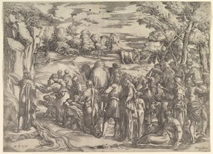 Moses schlägt Wasser aus dem Felsen, links mit fließendem Wasser, verschiedene Figuren, ca. 1552-61