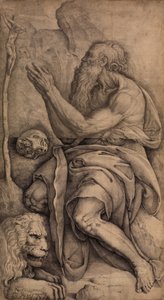 Heiliger Hieronymus kniend vor einem Kruzifix, mit einem Schädel und einem Löwen, ca. 1550-60