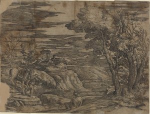 Landschaft mit einem Mann, der ein Pferd führt