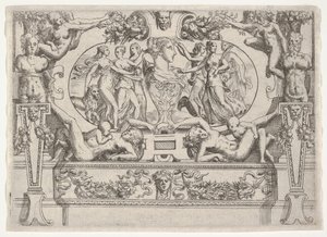 Büste einer Frau, flankiert von drei Frauen auf jeder Seite, in einem aufwendigen Rahmen, ca. 1540-80 von Battista del Moro