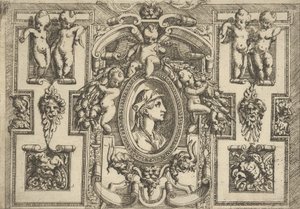 Büste einer Frau im Profil nach rechts, in einem aufwendigen Rahmen mit Putti, ca. 1540-80