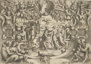 Vier Frauen umgeben eine sitzende Figur, ein Vogel über ihnen, in einem aufwendigen..., ca. 1540-80