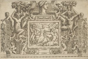 Frau sitzt mit ausgestreckten Armen, Personifikation des Ruhms mit Trompete rechts..., ca. 1540-80