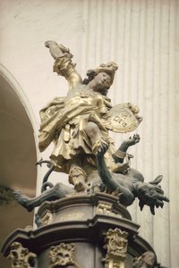 Kanzel, auch Kanzel der Wahrheit genannt, Detail: St. Michael und der Drache, 1749 (vergoldet, Holz und Intarsien) von Bavarian school