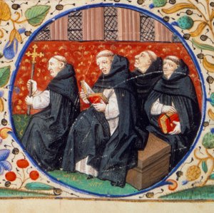 Szene aus dem Klosterleben, Detail darstellend Mönche des Dominikanerordens, Miniatur aus dem Stundenbuch nach dem Gebrauch von Paris, illuminiert von der Werkstatt des Meisters von Bedford
