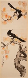 Zwei Elstern auf einem Baum mit roten Blättern von Beihong Xu