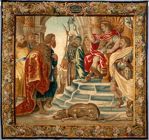 König Alexander der Große empfängt eine Delegation aus Athen. Wandteppich hergestellt in den Manufakturen von Brüssel. 16. Jahrhundert Genua, Musei di Strada Nuova von Belgian School