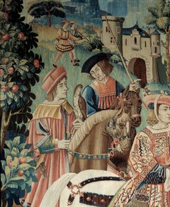 Mittelalter: Beginn der Falkenjagd zu Pferd. Detail eines Seiden- und Wollteppichs aus dem frühen 16. Jahrhundert. Aus Hainaut. Paris, Nationalmuseum des Mittelalters, Thermes de Cluny