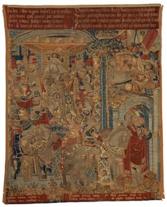 Wandteppich, Drei Szenen aus dem Trojanischen Krieg oder Odysseus und Diomedes als Botschafter am Hofe von König Priamos, Forderung der Rückkehr von Helena, hergestellt in Tournai von Belgian School