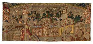 Wandteppichfragment, das ein Wunder des Heiligen Sakraments darstellt, hergestellt in Tournai, Belgien