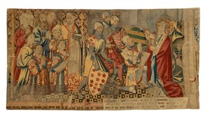 Wandteppichfragmente aus einem Wandteppich, der die Sieben Sakramente darstellt, hergestellt in Tournai, Belgien