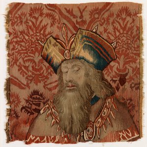 Wandteppichpanel mit dem Kopf eines Priesters oder Königs, möglicherweise hergestellt in Tournai, Belgien, möglicherweise Anfang des 16. Jahrhunderts (Wolle) von Belgian School