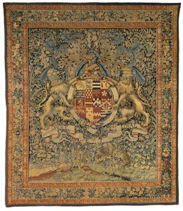 Verdure-Wandteppich mit den Wappen von Robert Dudley, Earl of Leicester, hergestellt in Flandern, Belgien, ca. 1570-85