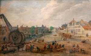 Ansicht von Gent Lievekaai und Augustijnenkaai mit einem Holzkraan, Kopie eines Gemäldes aus dem 18. Jahrhundert von Engelbert van Siclers