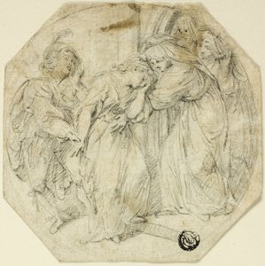 Ohnmächtige Frau an der Tür eines Klosters, unterstützt von einer Nonne und einem jungen Mann von Benedetto Pastorini