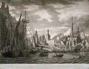 Ansicht des Ratcliffe-Gebiets, London, zeigt die Ruinen nach dem Brand vom 23. Juli 1794 von Benjamin Burnell