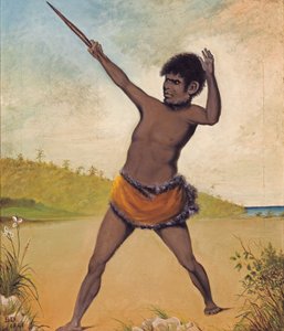 Jack, ein tasmanischer Aborigine, hält einen Knüppel